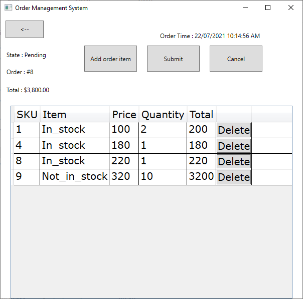 order management application (2rd screenshot)