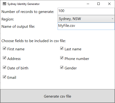 sydney data generator application (1st screenshot)