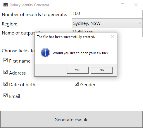 sydney data generator application (2nd screenshot)